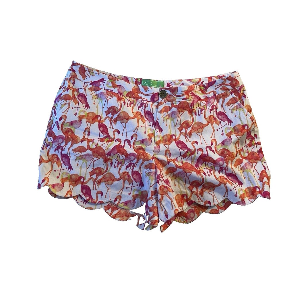 Papagallo Shorts Women Size 14 Pink Flamingo Print Scalloped Hem Summer Causal
